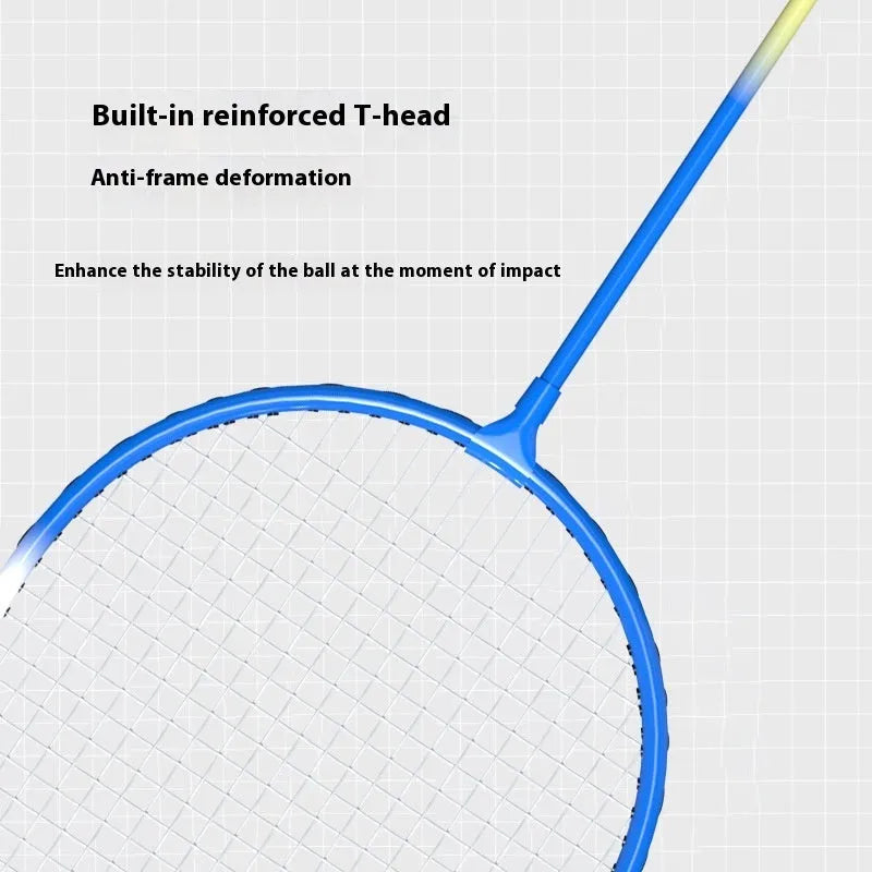 A pair of blue and red alloy badminton rackets with a split-tube design.