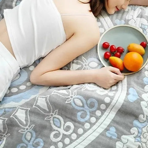Pure cotton washed five layers towel blanket with plant flower pattern in blue, 150x200cm size