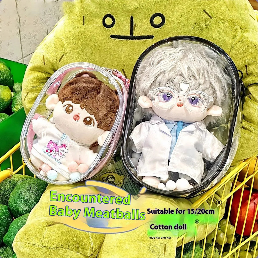 Transparent PVC cube storage bag with keychain for doll clothes and small items.