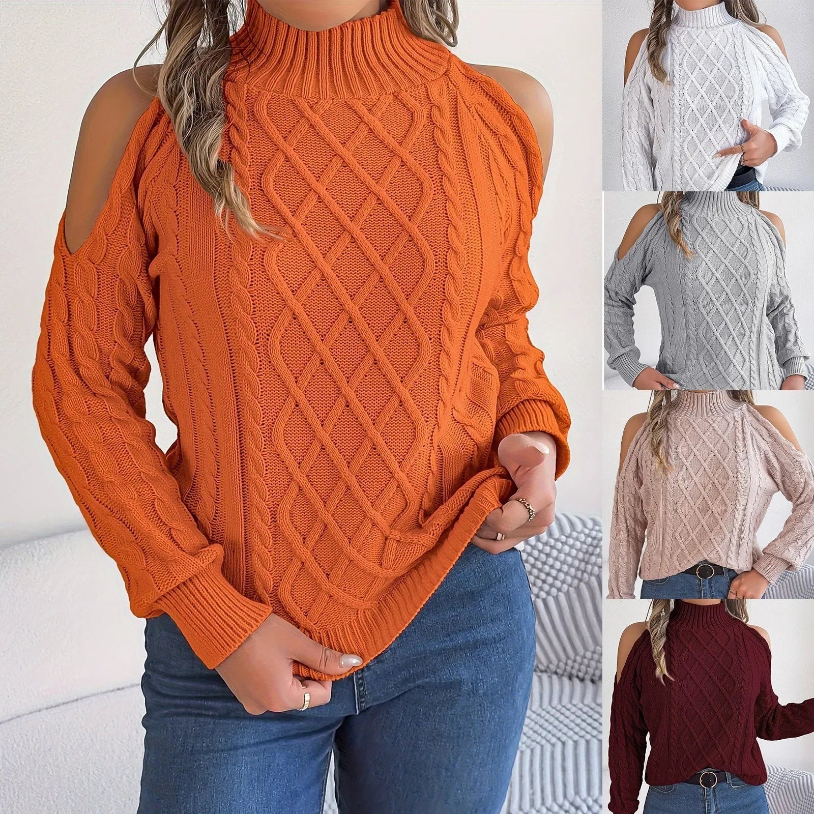 Women's casual acrylic sweater with twisted pattern and strapless half-high collar