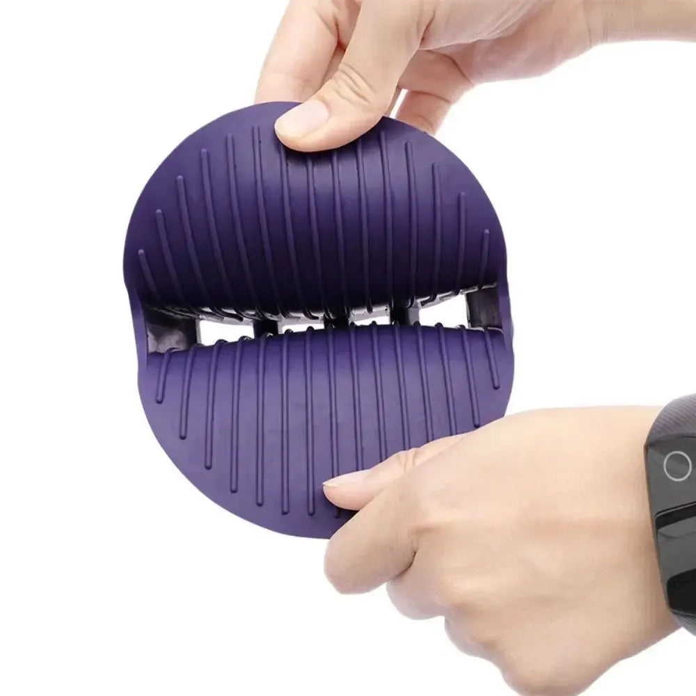 Purple dual-sided pet shampoo brush with soft TPR bristles for dog and cat bathing
