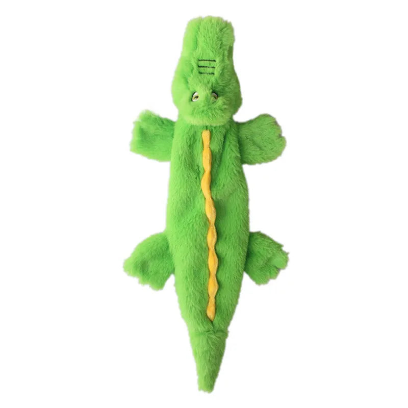Green crocodile-shaped dog toy with squeaker and crinkle features for aggressive chewers