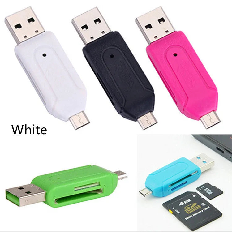 White OTG dual-purpose card reader with micro USB connector for Android phones and computers, supporting SD and TF memory cards.