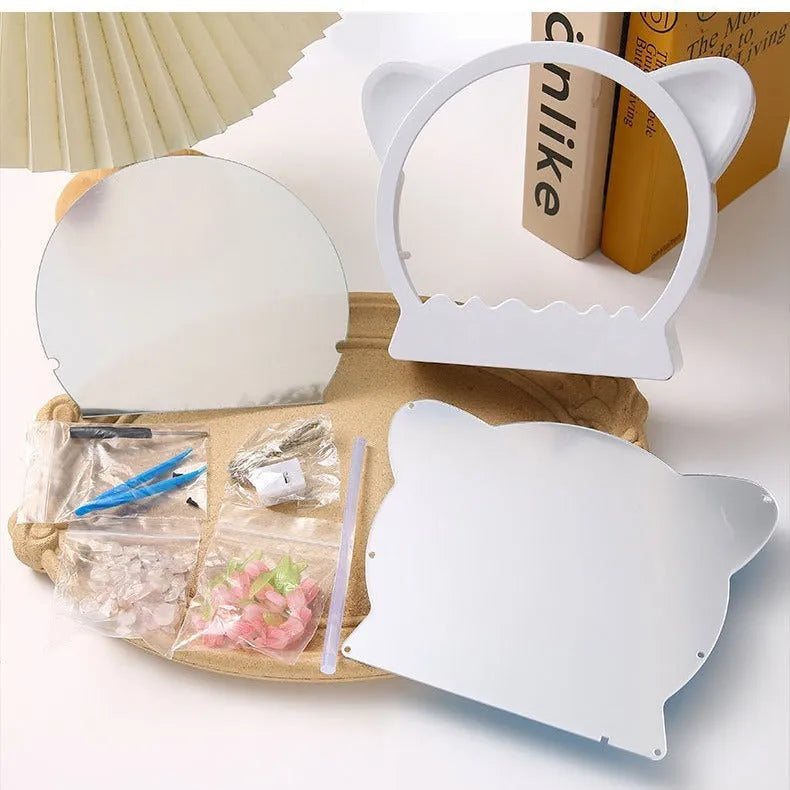 DIY cat head shaped night light kit with colourful handmade tulip flowers for bedside decor.