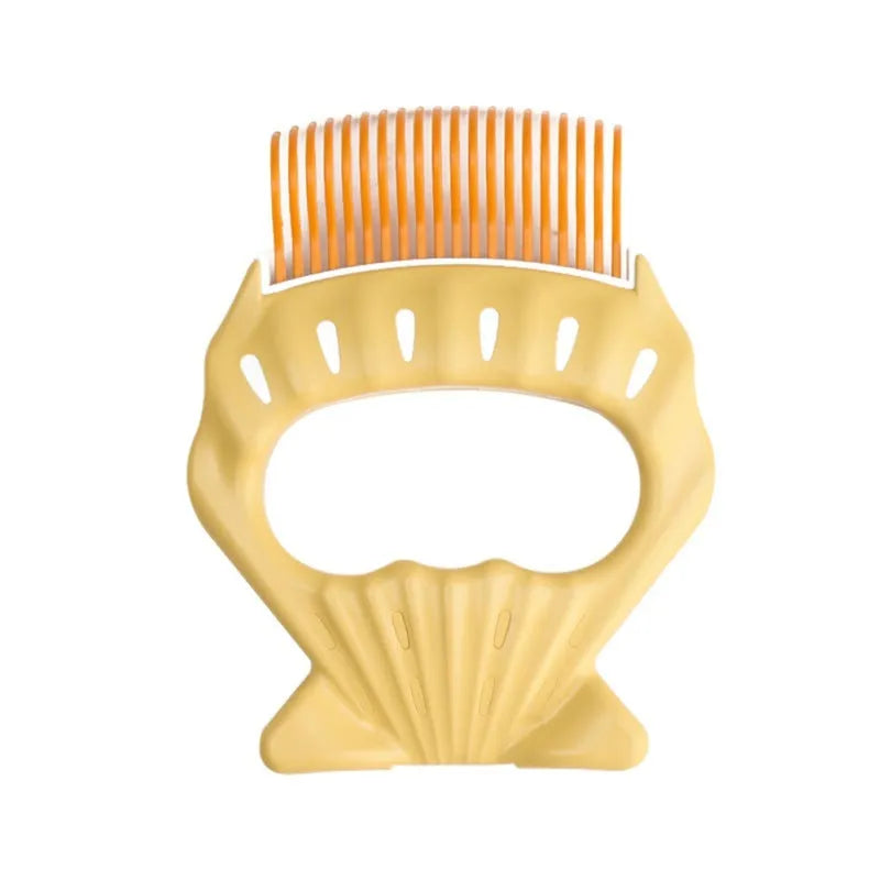 Green shell-shaped pet grooming brush with fine wire bristles on a white background.