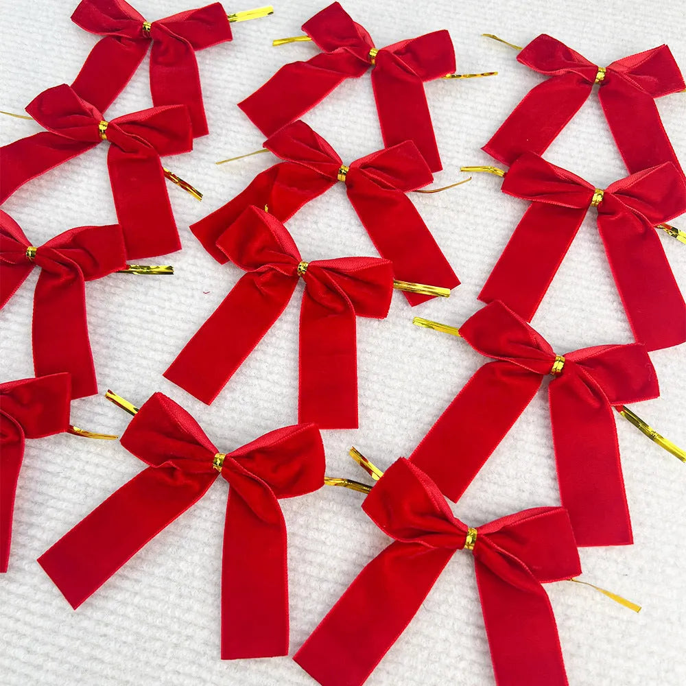 Set of 12 handmade velvet Christmas tree bows in tie-style design, available in multiple colours