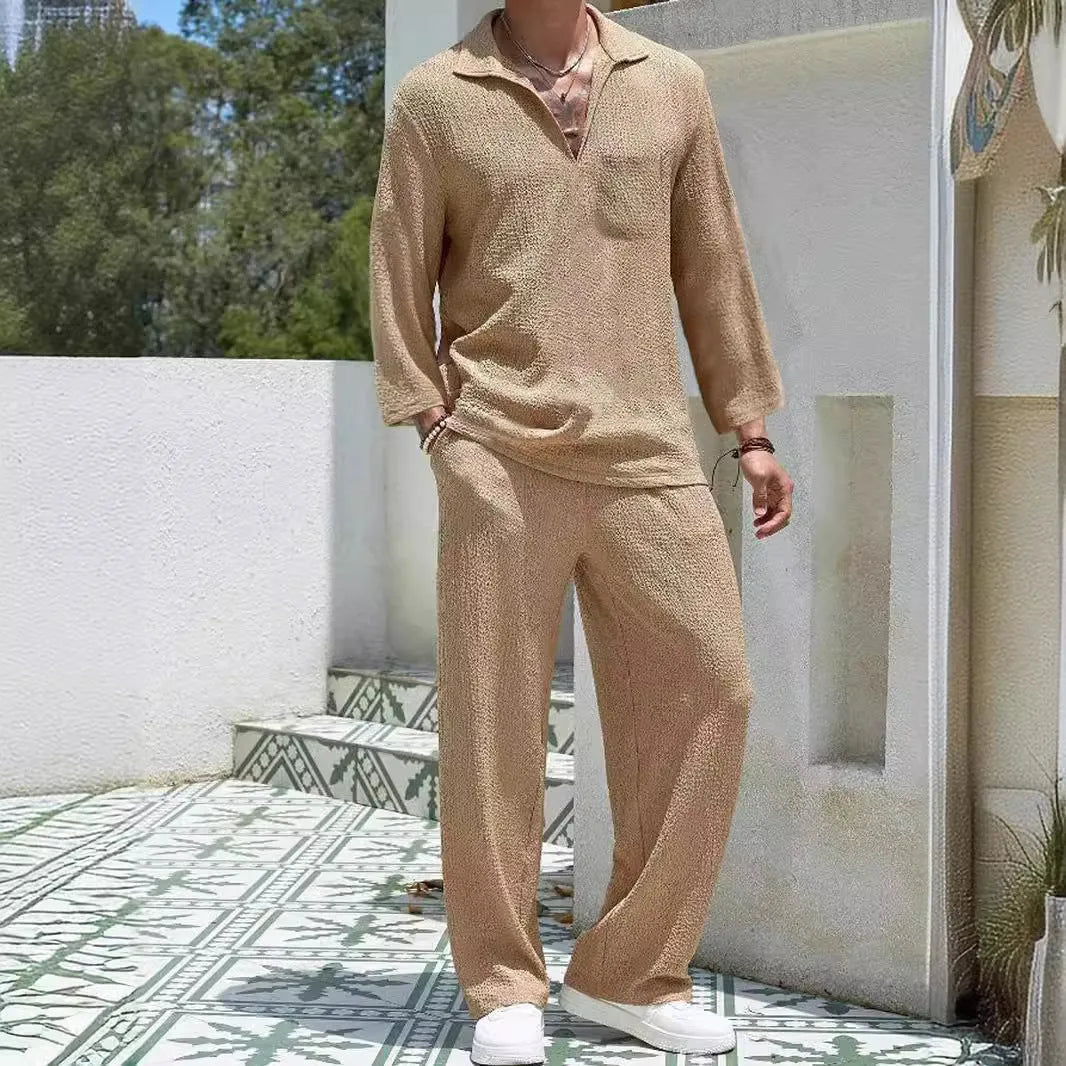 Men's casual polyester shirt and trousers set in lake blue colour