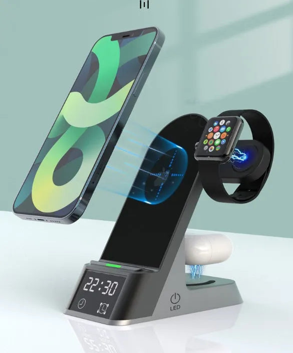 Black multifunctional wireless charging alarm clock dock for phone, Apple Watch, and earbuds.