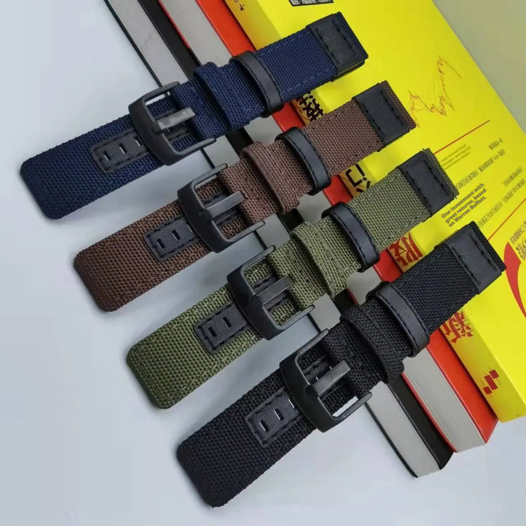 Oxford cloth canvas watch strap shown in army green, with sizing options of 20mm, 22mm, and 24mm widths.