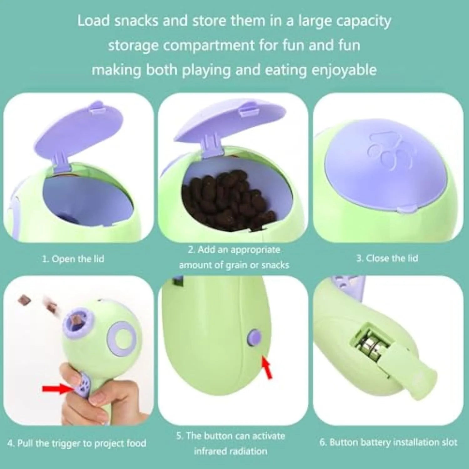 Green, orange, or pink dog treat launcher and slow feeder interactive toy.