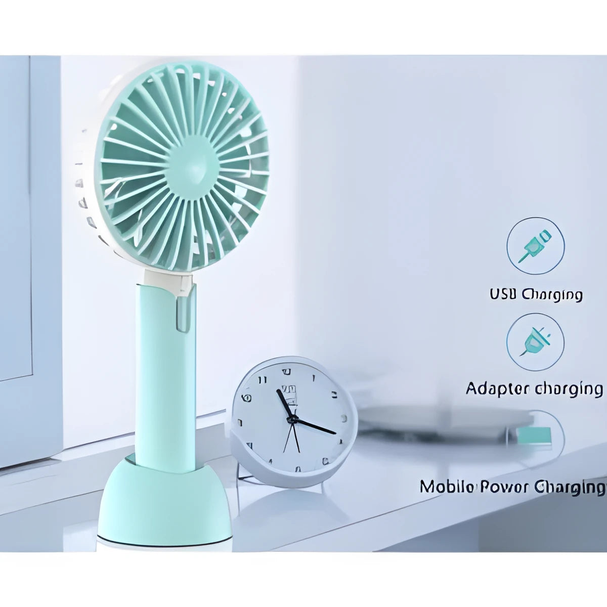 Blue handheld USB electric fan with speed control buttons and oscillation function on desktop
