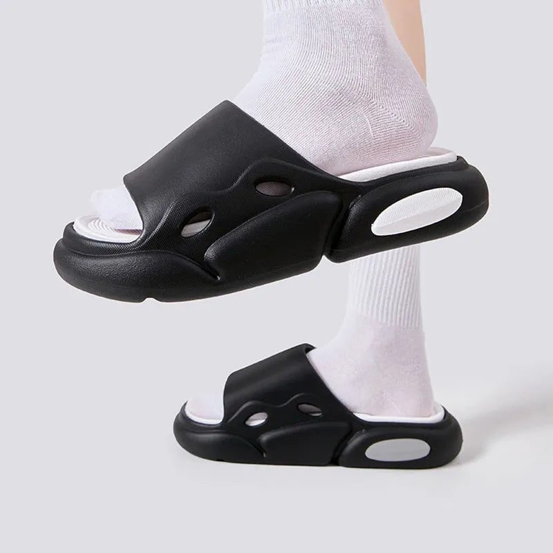 Two-colour thick-soled EVA slippers with leather lining in pink and purple colourway