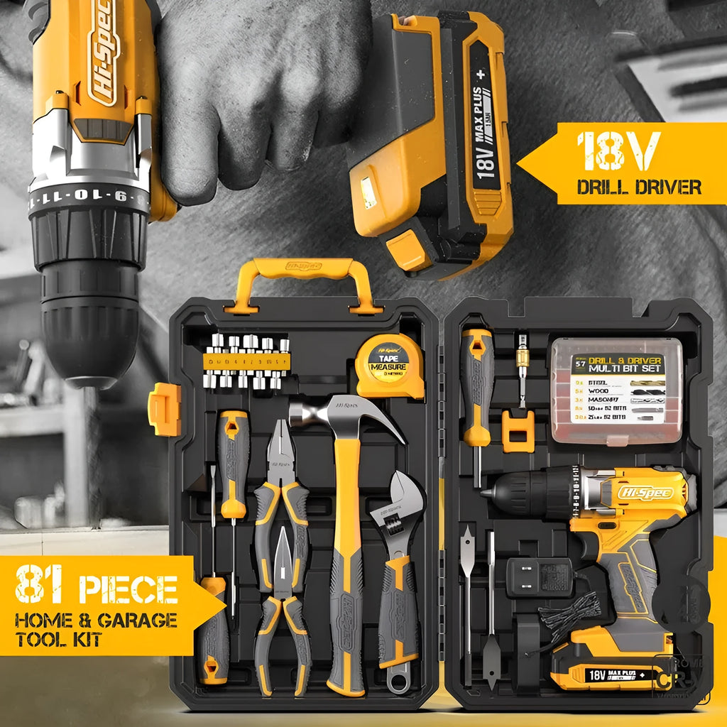 Grey-yellow US style case open to show 82-piece chrome-vanadium steel tool set for home repair