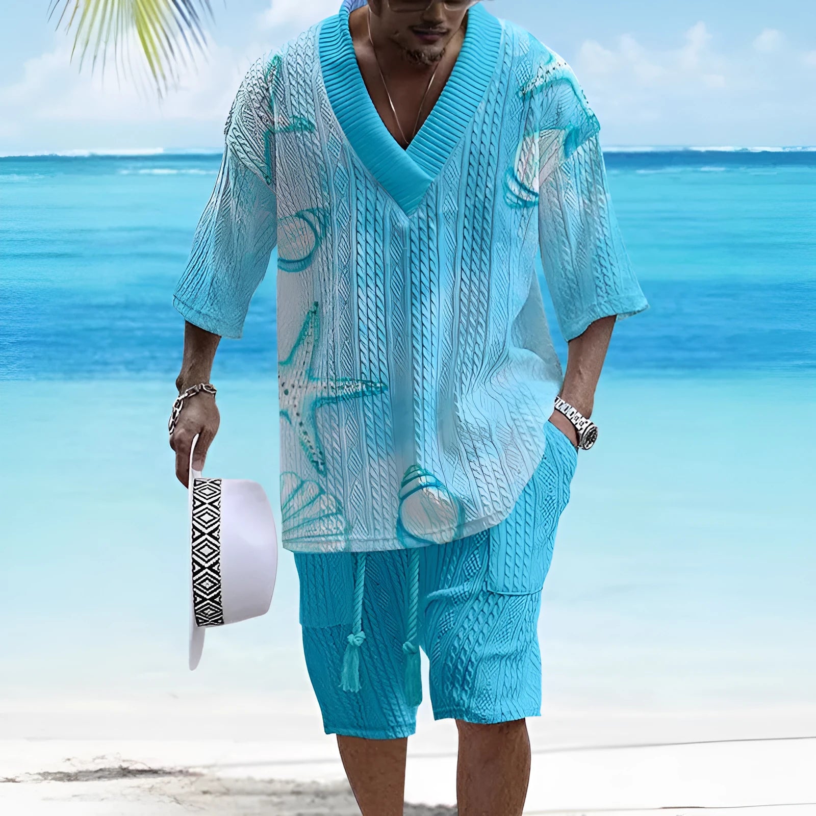 Loose casual short sleeve suit set in polyester fabric showing top and shorts in available colour options