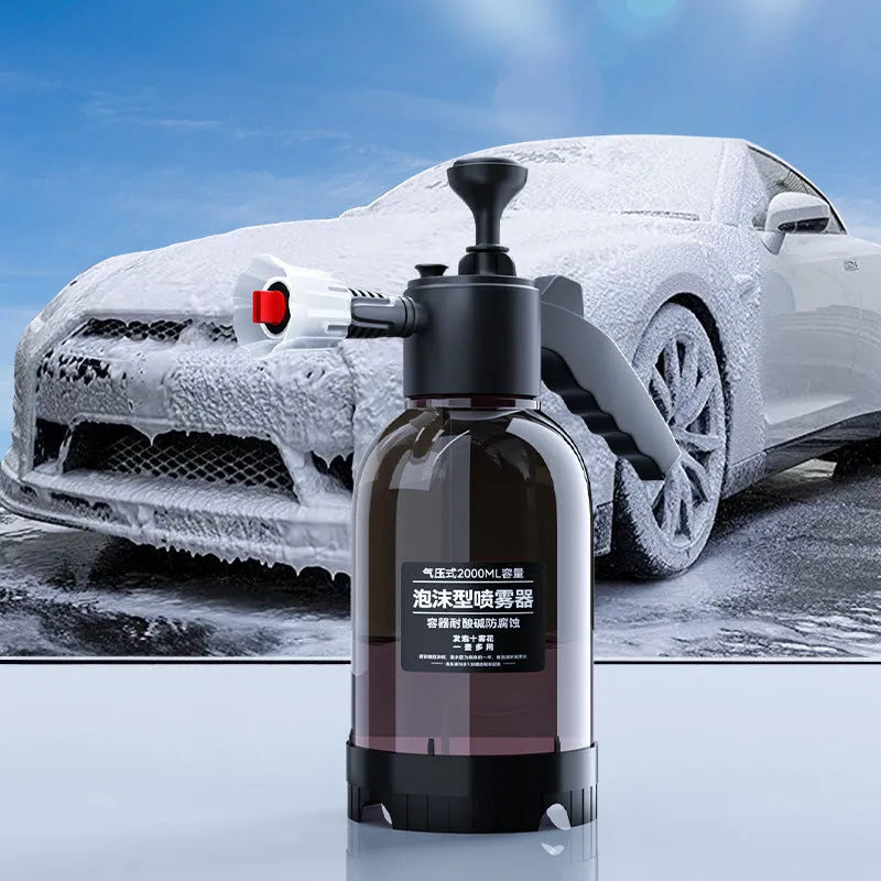 Black hand-held 2 litre foam sprayer with two nozzles for car washing and plant watering