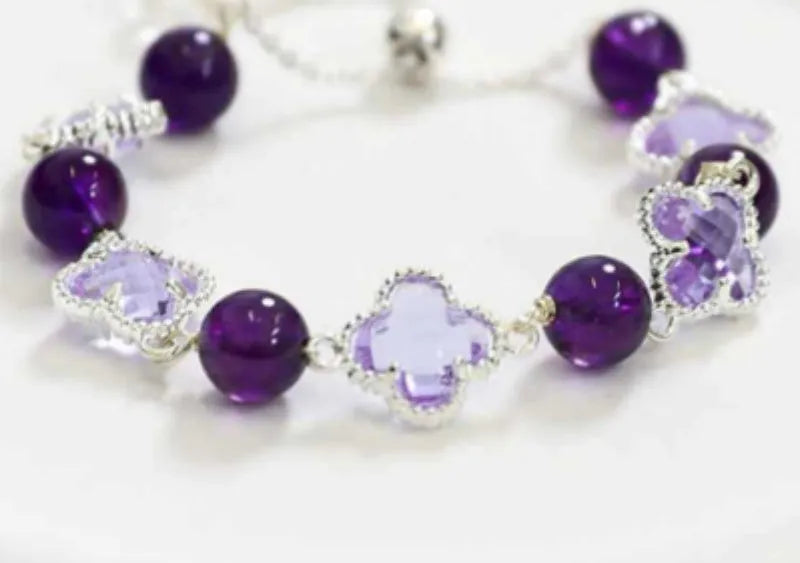 Purple artificial amethyst pearl bracelet with U-shaped design and electroplated metal elements