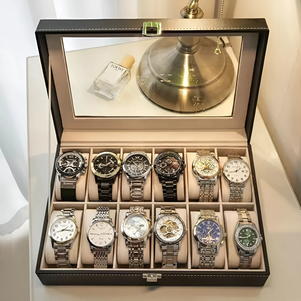Grey high-grade leather watch storage box with a transparent dustproof lid showing multiple watch slots inside.