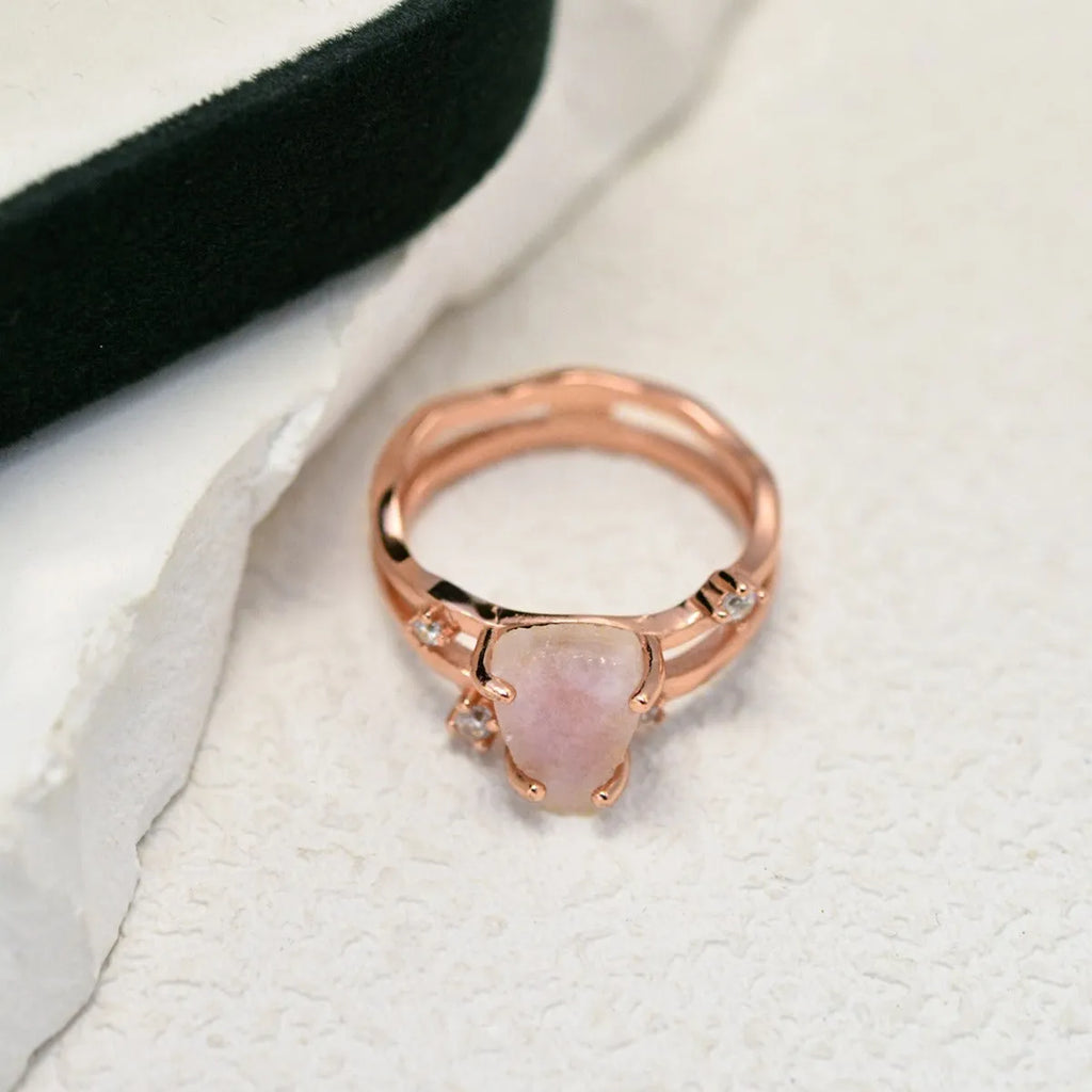 S925 sterling silver ring with irregular triangle shape, moonstone, and electroplated rose gold finish.
