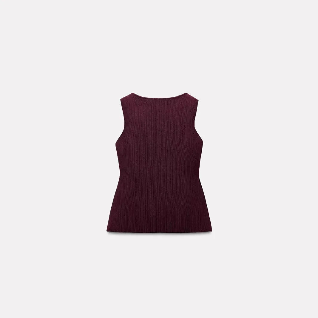 Dark red slim fit viscose sweater vest with gold buttons and 3D pattern