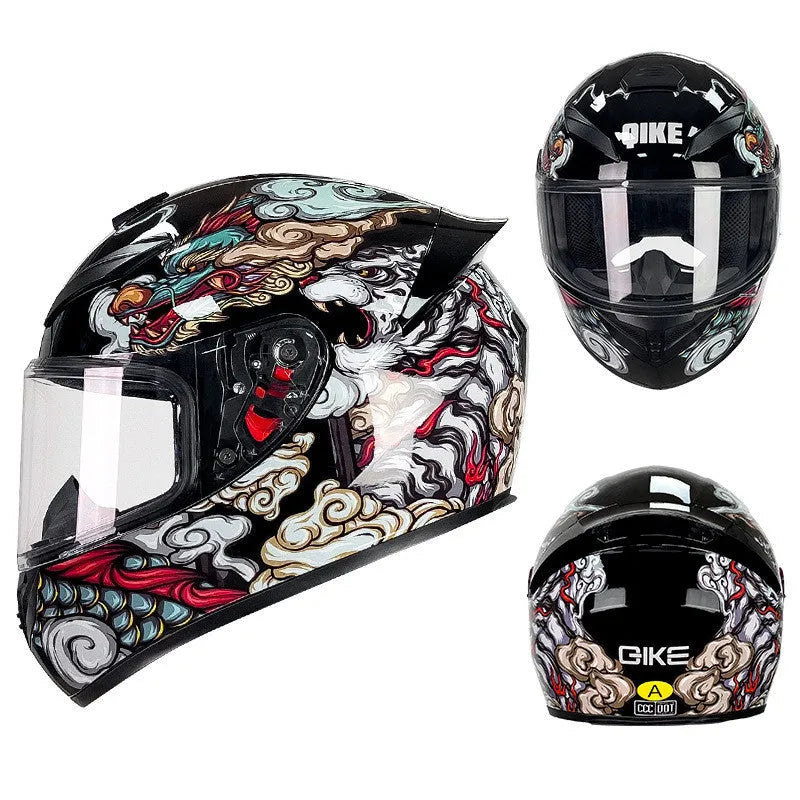 ABS motorcycle helmet in Dragon colour showing full-face design with sizes ranging from small to 3XL