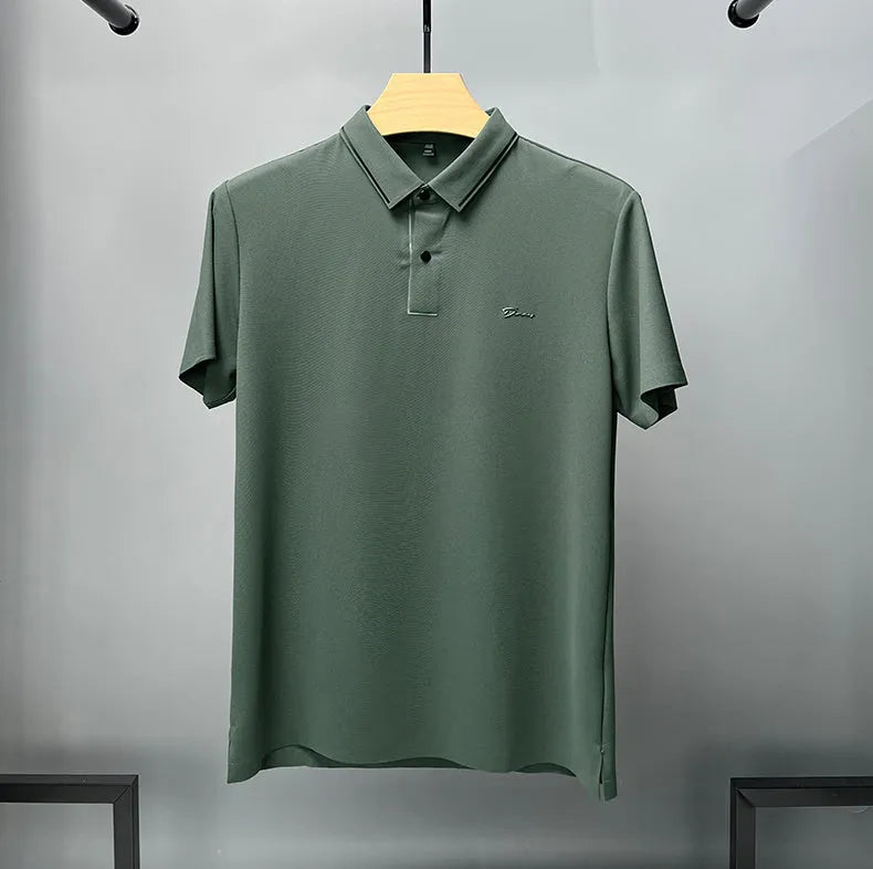 Men's ice silk short sleeve polo shirt in khaki with shirt collar, loose fit summer top