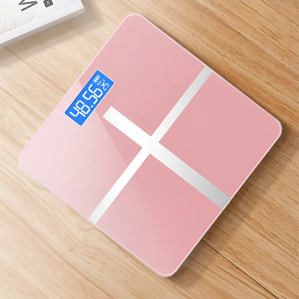 USB rechargeable electronic body weight scale in cross black, rose red, or white.