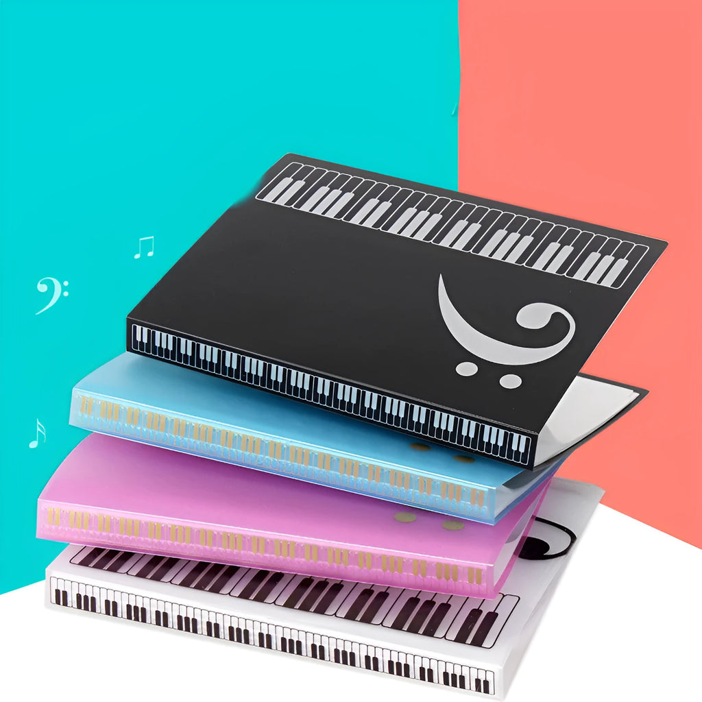 Black ABS plastic piano music folder with transparent sheet music inserts visible inside.
