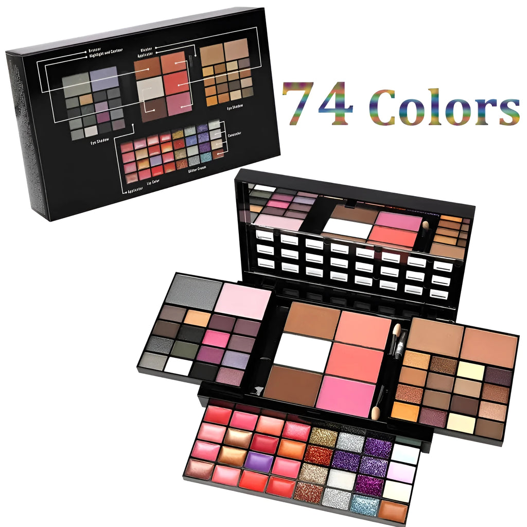74 colour makeup palette set with four layers, mirror and brushes including eyeshadows and lip glosses