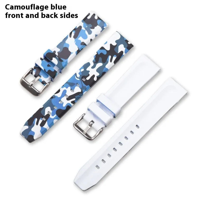Green camouflage silicone watch strap shown detached, displaying its 20mm width and flat head lug design.
