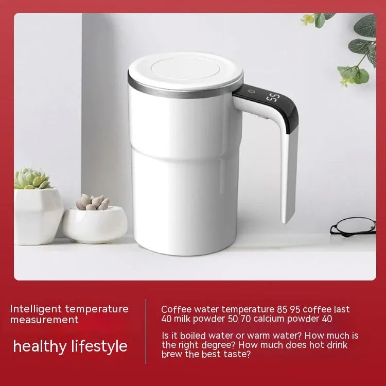 White automatic electric stirring cup with LCD screen and USB charging cable.
