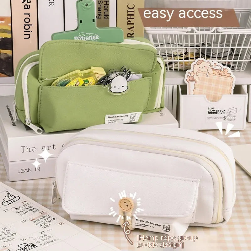 Korean-style large capacity canvas pencil case in green, beige, blue, and grey colour options.
