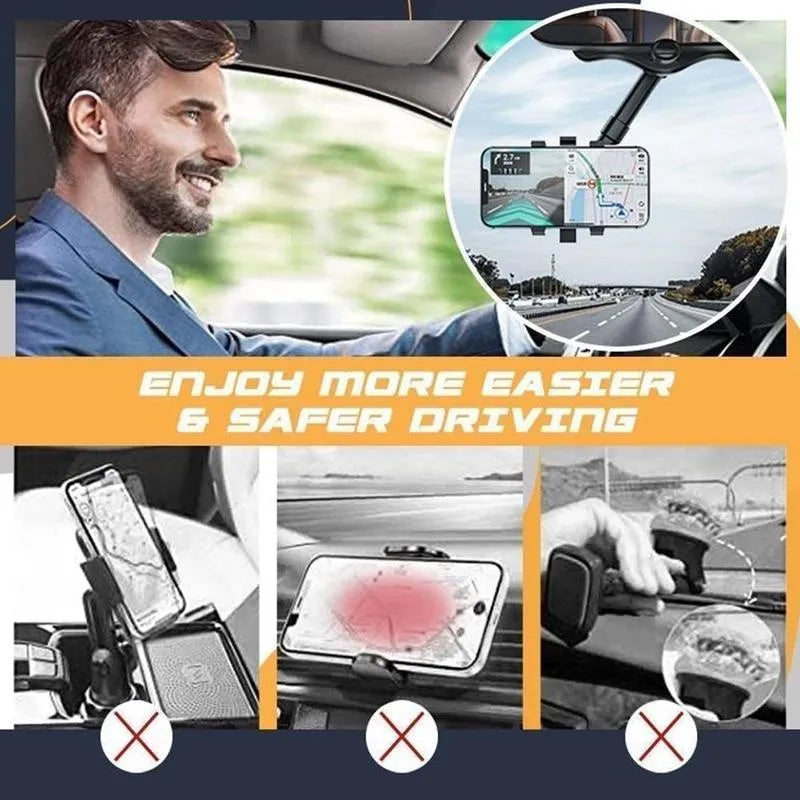 Black rearview mirror car phone holder showing 360-degree rotation and retractable arm extension.