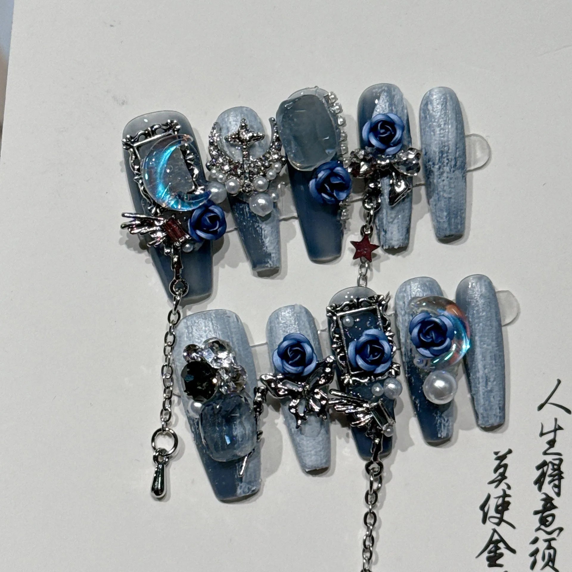 Heavy industry night blue evening nails with rose and tulip floral pattern in four sizes