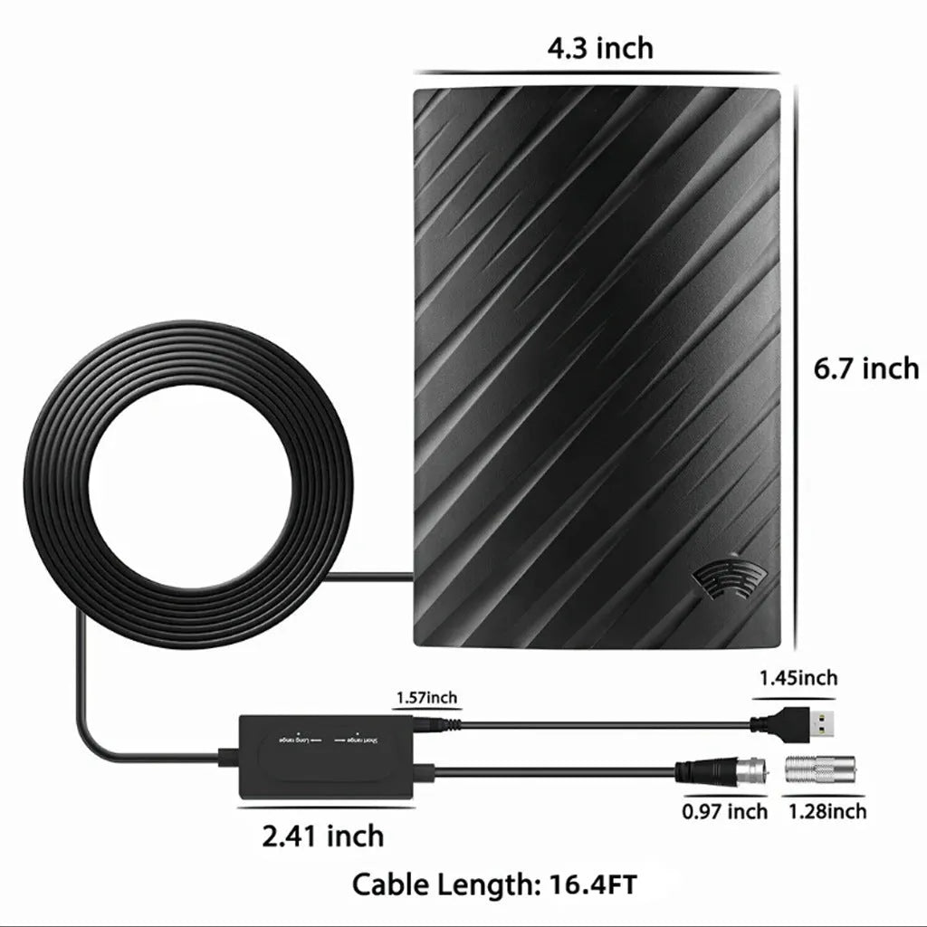 Black plastic digital television antenna with mounting accessories including screws and adhesive tape