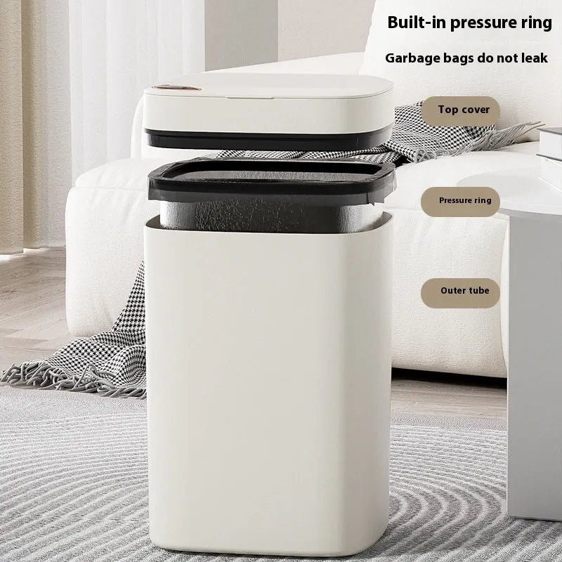 Square automatic sensor garbage bin with induction opening lid in milk white colour.