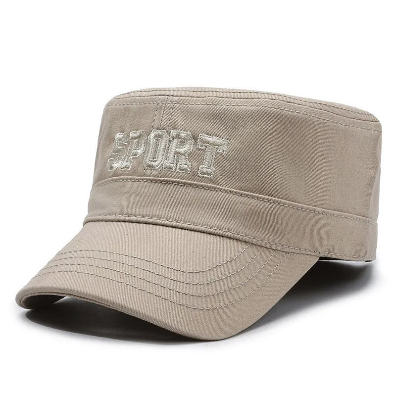 Men's adjustable cotton flat-top peaked cap in army green with dome crown and letter detail.