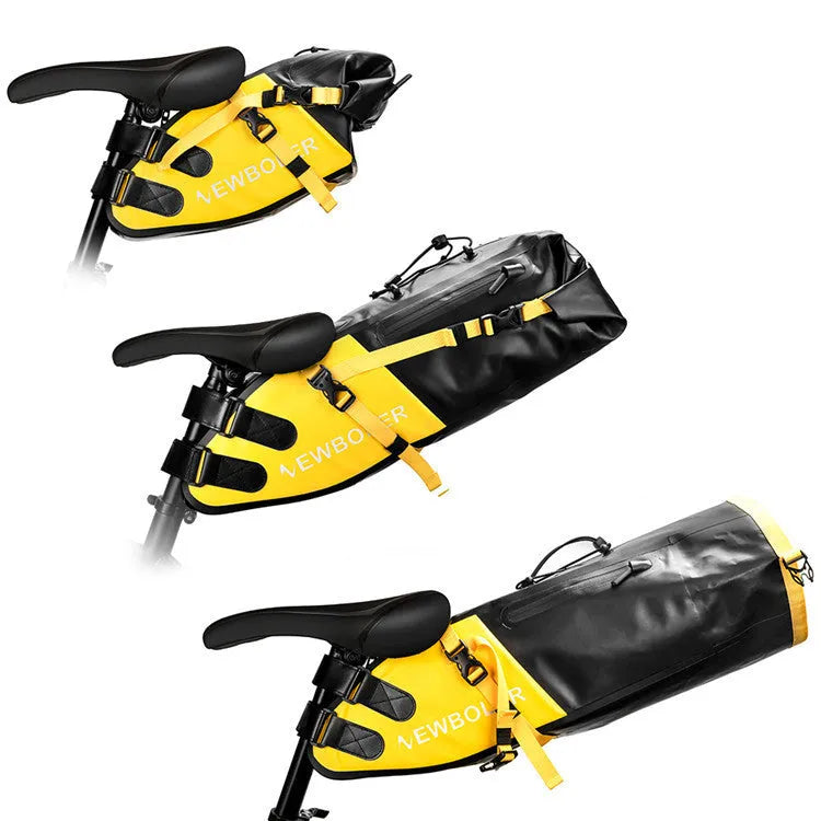 Black waterproof PVC bicycle tail bag mounted on a bike rack.