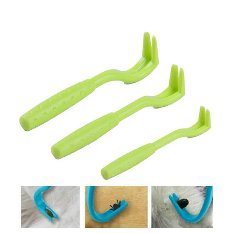 Three plastic tick removal clips for pets with hook design