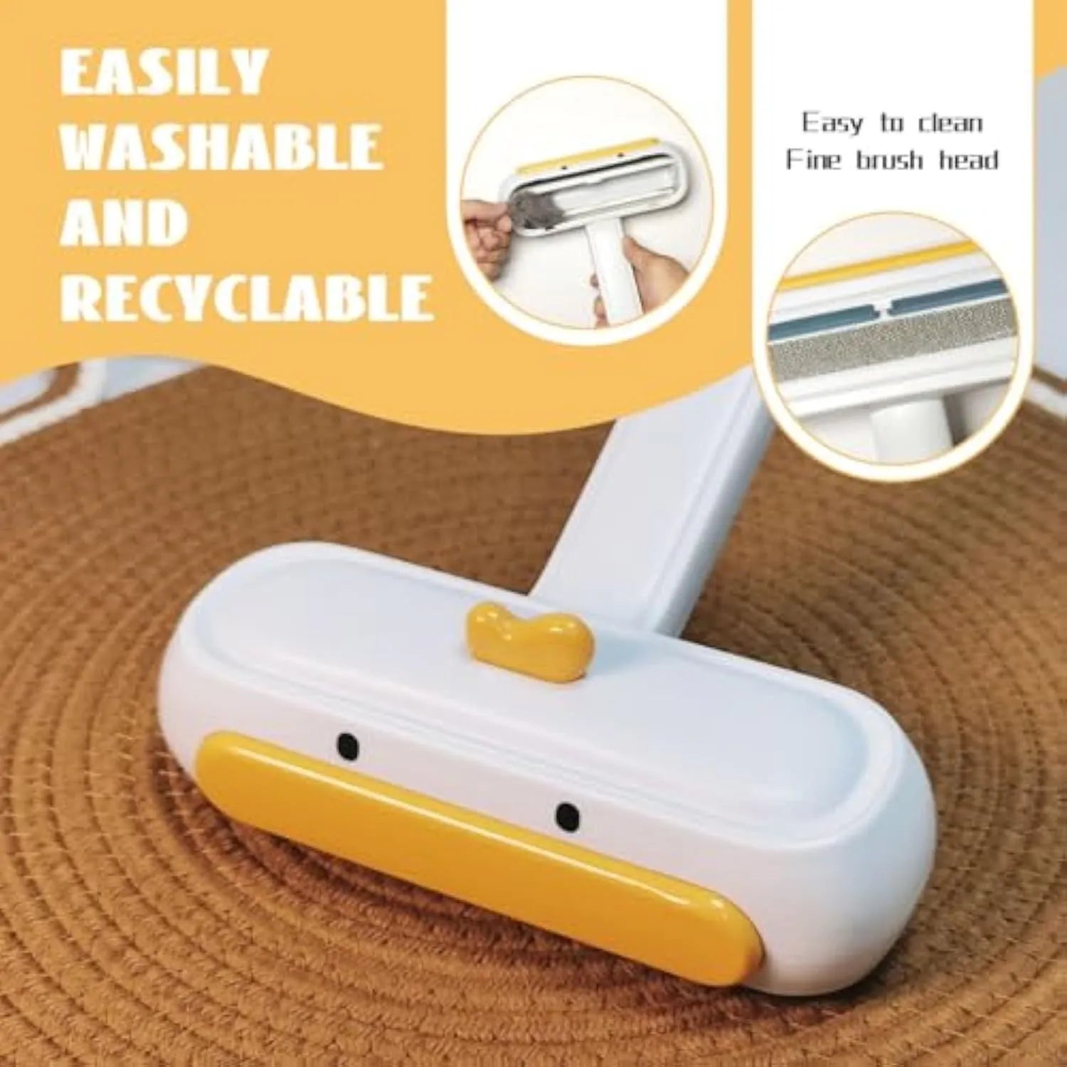 Yellow duck design portable pet hair remover tool with plastic body and bristles.