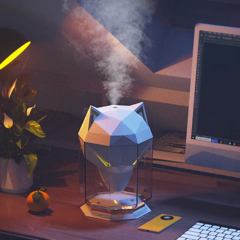 Chrome-plated ultrasonic desktop humidifier with coloured LED lights and USB cable.