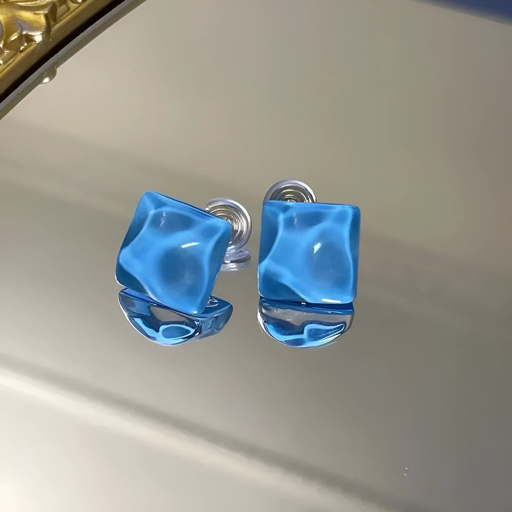 Geometric square water ripple blue earrings in ice blue alloy, unisex Korean style