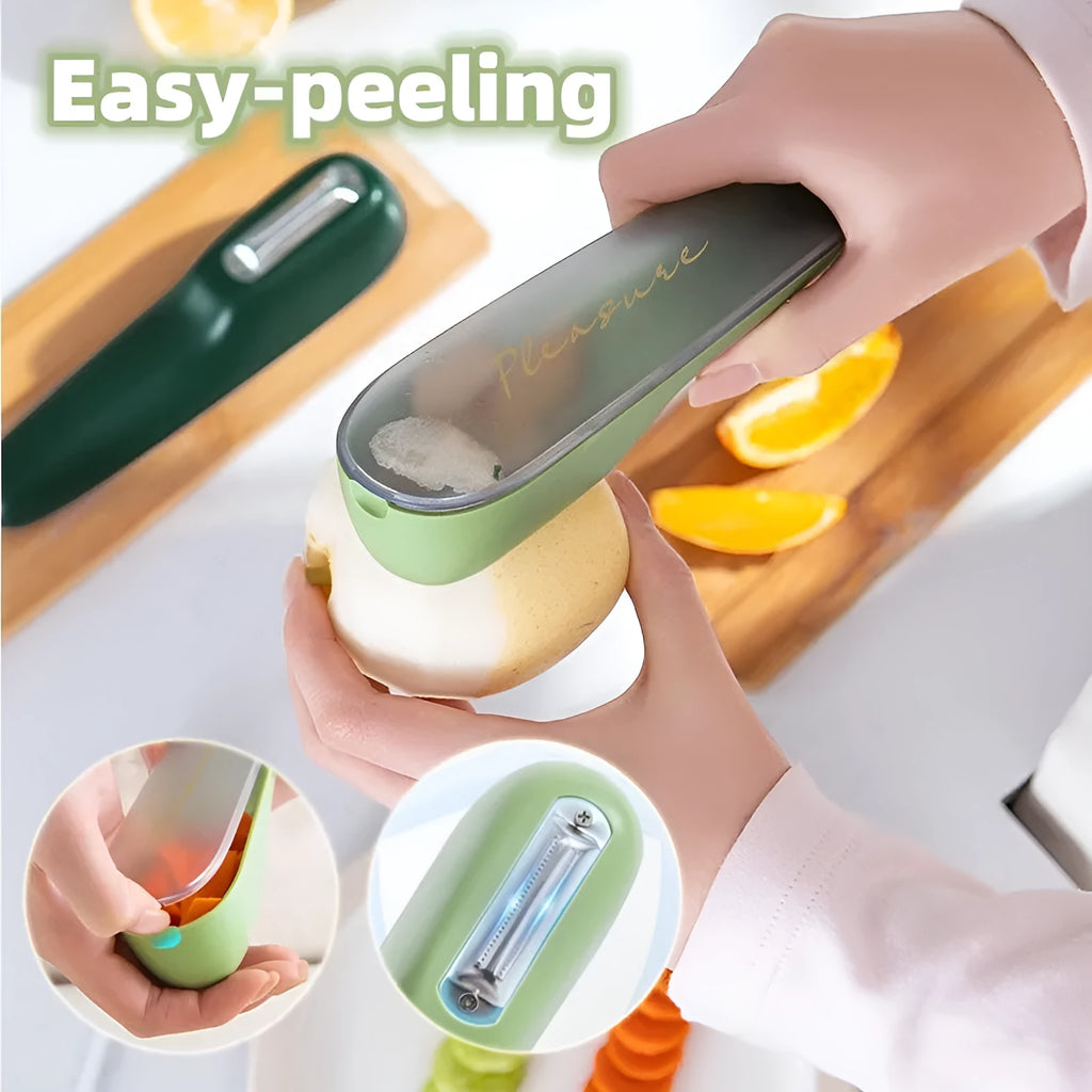 Dark green peeling knife with a storage tube and stainless steel blade on a kitchen worktop.