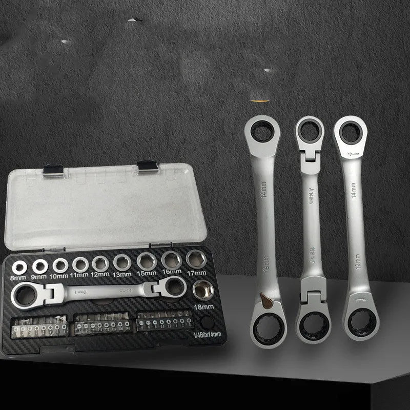 Ratchet wrench set with sockets and batch heads arranged around the dual-purpose tool
