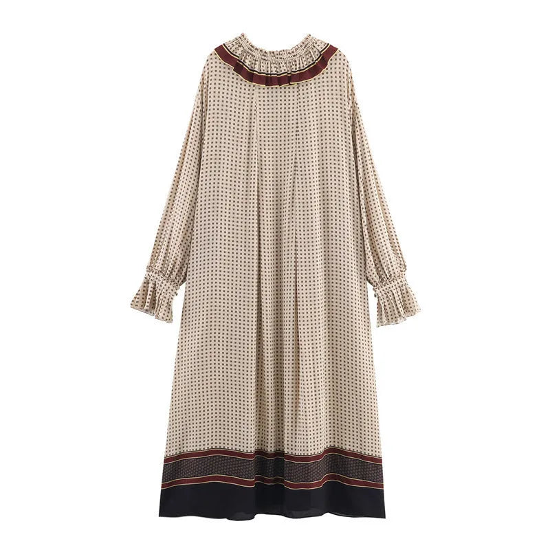 Women's cotton printed long dress with stripes or plaid pattern, loose fit, long sleeves, mid-waist, available in Asian sizes XS to L