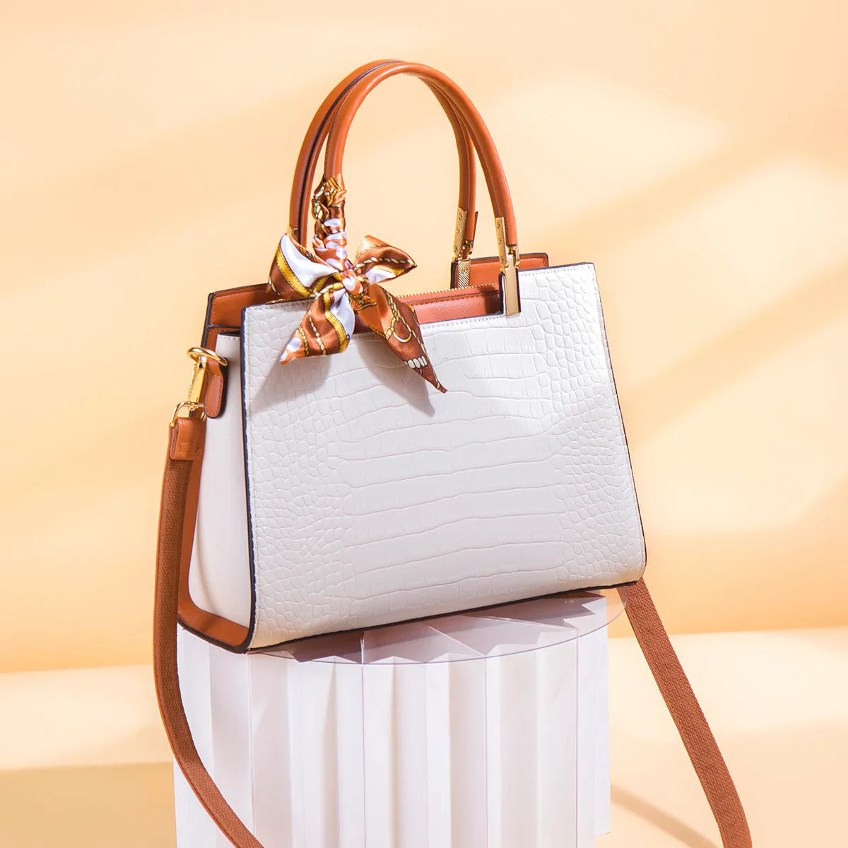 Milky white women's large-capacity PU shoulder handbag with sewing lines and multiple compartments.