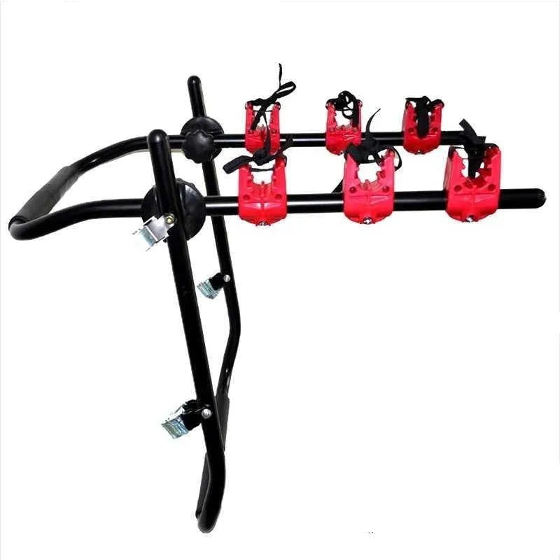 Black and red iron car boot bike rack with sponge padding and securing straps.