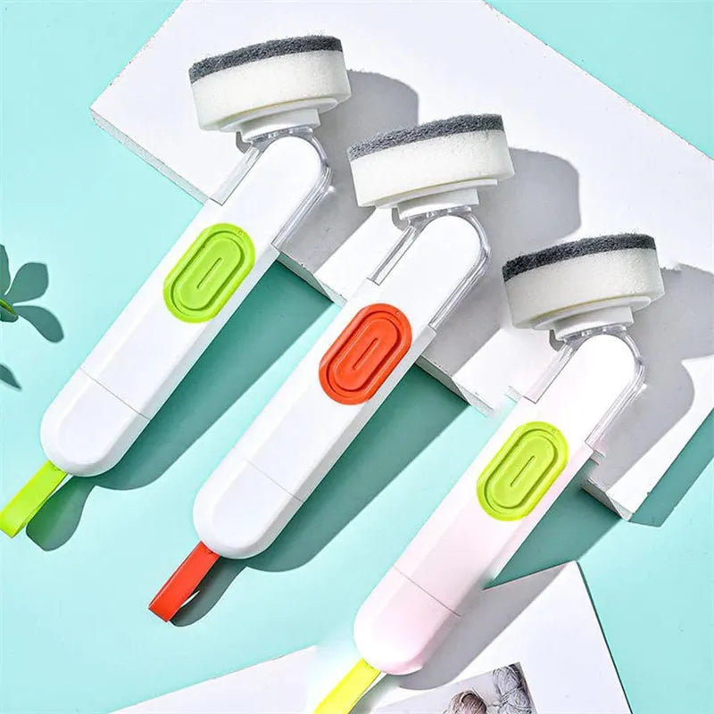 White and red long-handle kitchen brush with liquid dispenser button and two spare brush heads