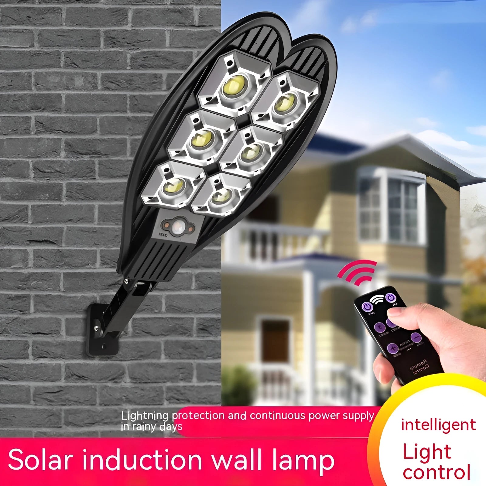 White 6-eye sword design outdoor solar garden lamp with remote control on a box.