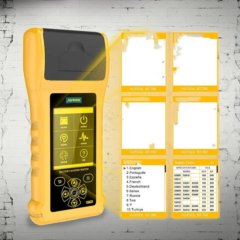 Autool BT760 digital battery tester with colour screen, thermal printer, and red and black battery clips.