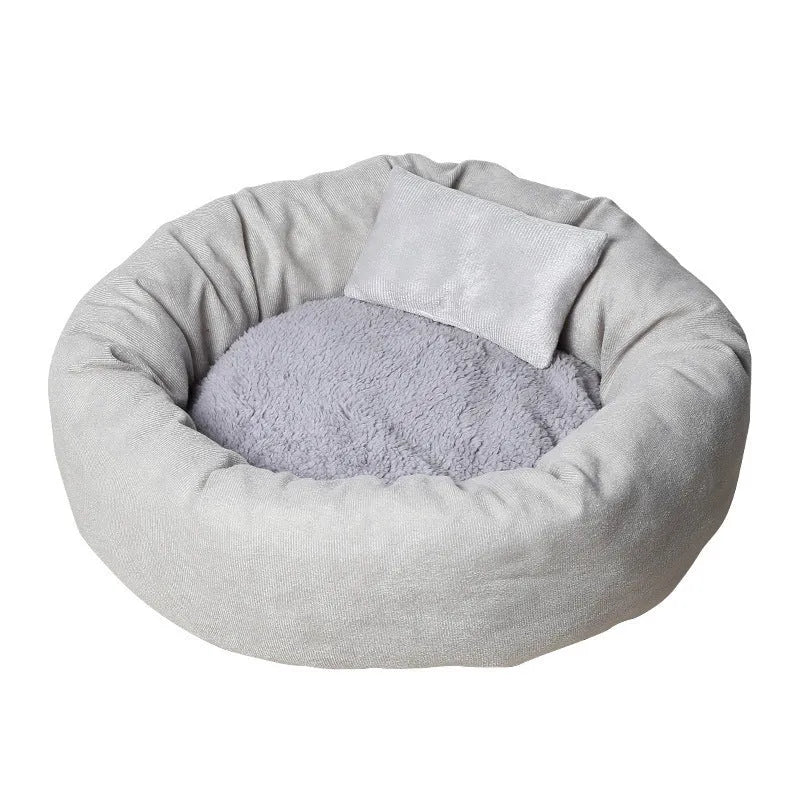 Light grey cloth dog bed with soft PP cotton filling, shown in size L (46cm diameter) on a wooden floor.